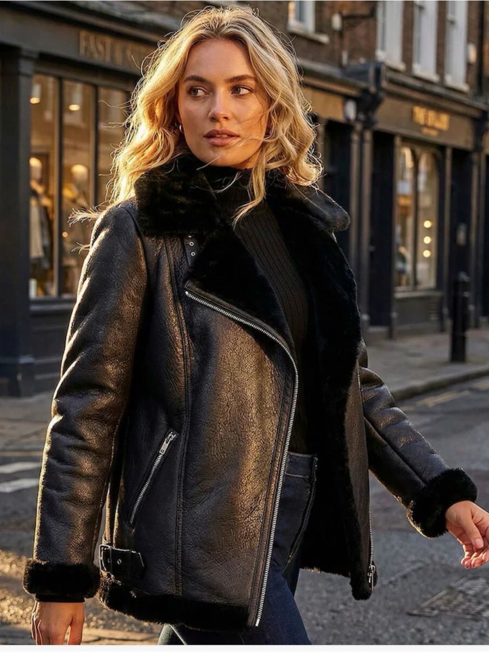Stradivarius Black Faux Shearling Leather Biker Jacket